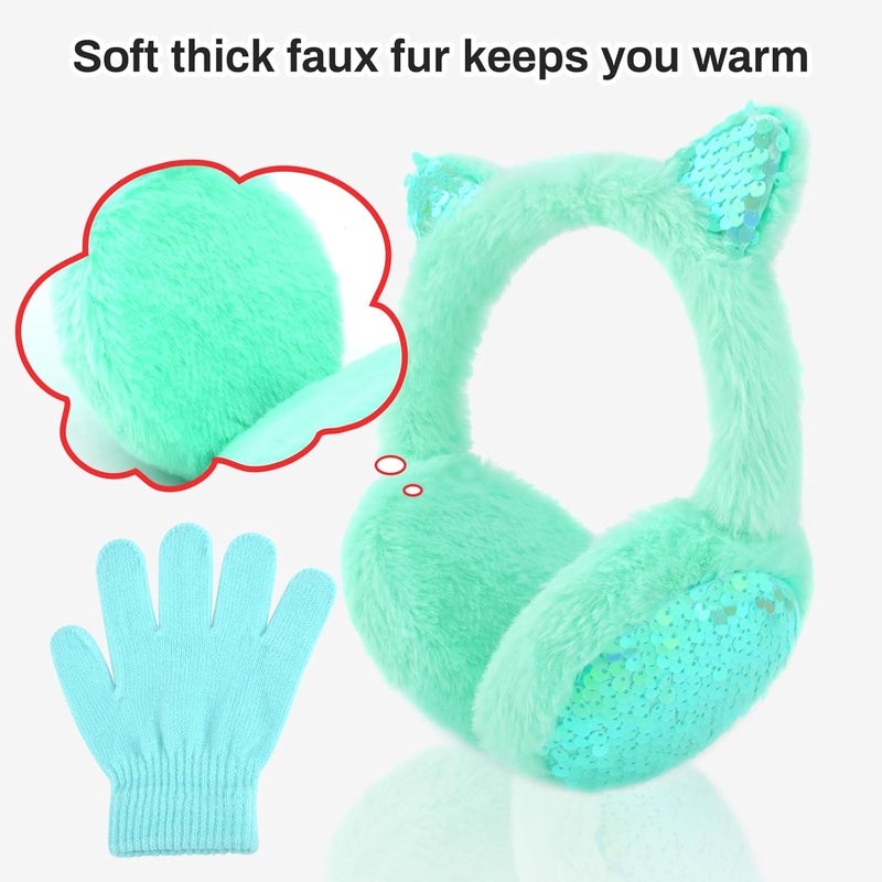 EDCYF Ear Muffs Gloves Set for Kids Girls Winter Ear Muffs Adjustable Sequins Warm Earmuffs Furry Outdoor - Image 4